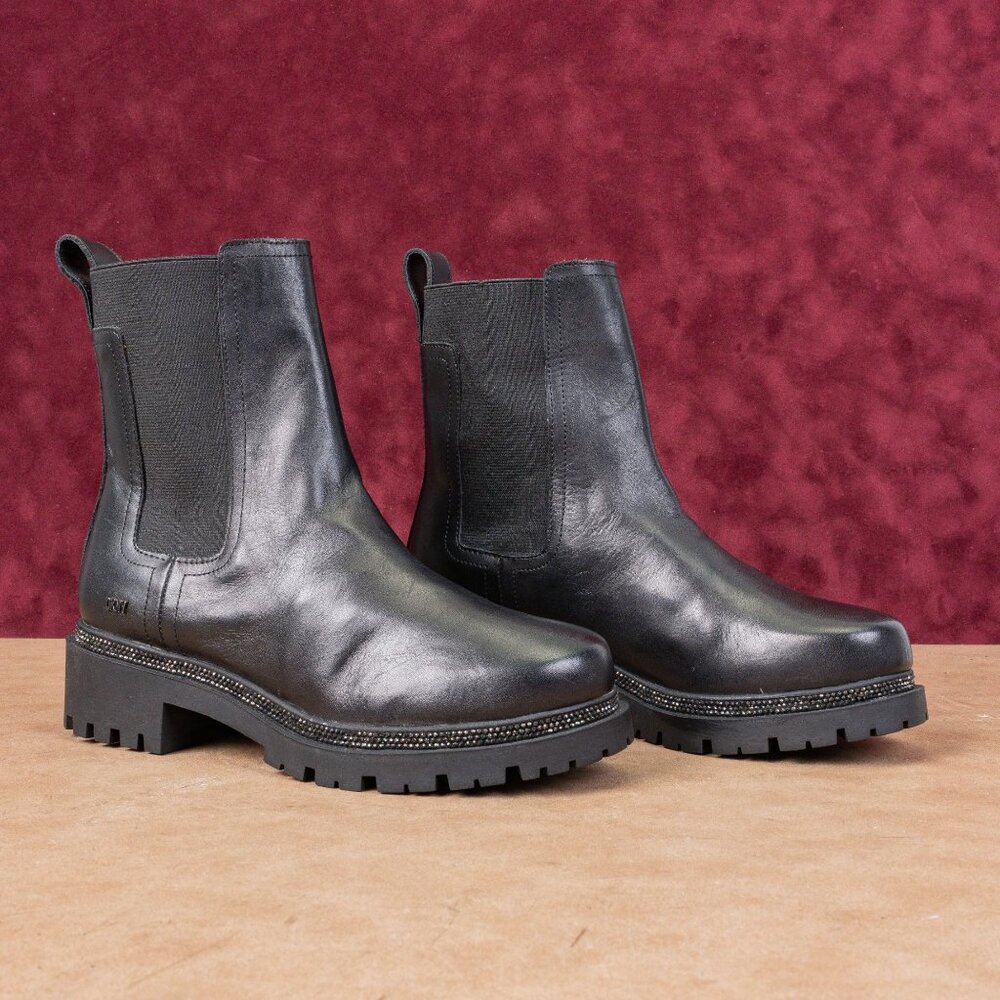 DKNY Women Rick Chelsea Black Leather Rhinestones Ankle Fashion Boots sz 6.5